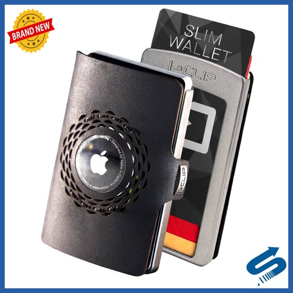 Slim Leather Wallet with Apple AirTag Slot Money Clip 12 Card Capacity